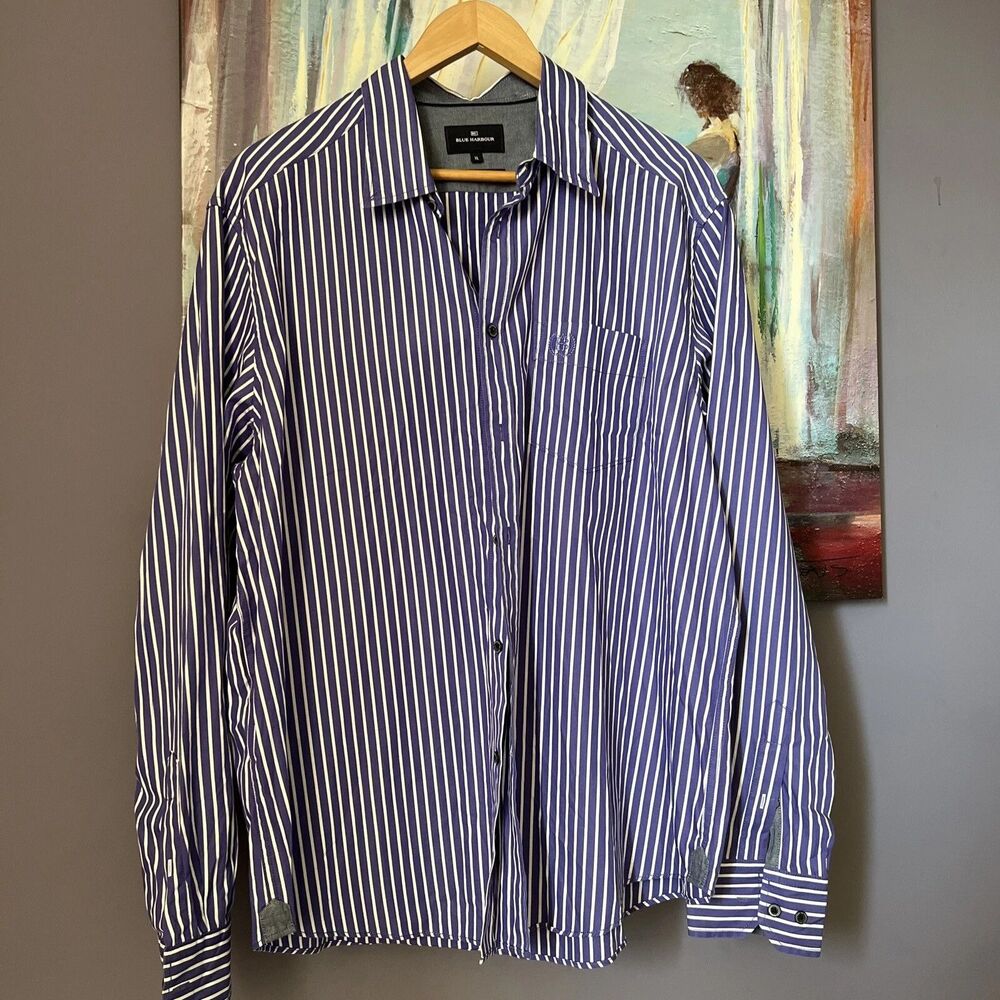 Blue Harbour Luxury Striped Long Sleeve Shirt Men's XL Purple Button Up Cotton